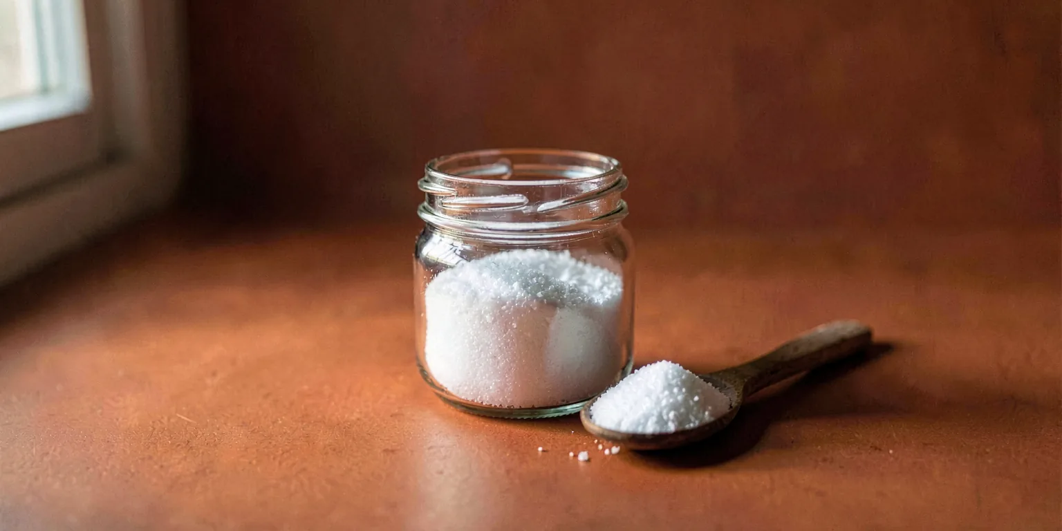 A small glass jar of white sugar beside a wooden spoon holding a mound of sugar, on a matte rust-orange surface.