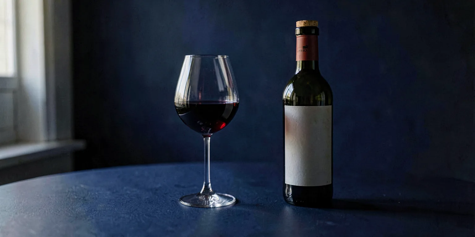 A single glass of red wine beside a corked bottle on a dark midnight-blue surface, deep indigo tones with soft lamplight from the left.