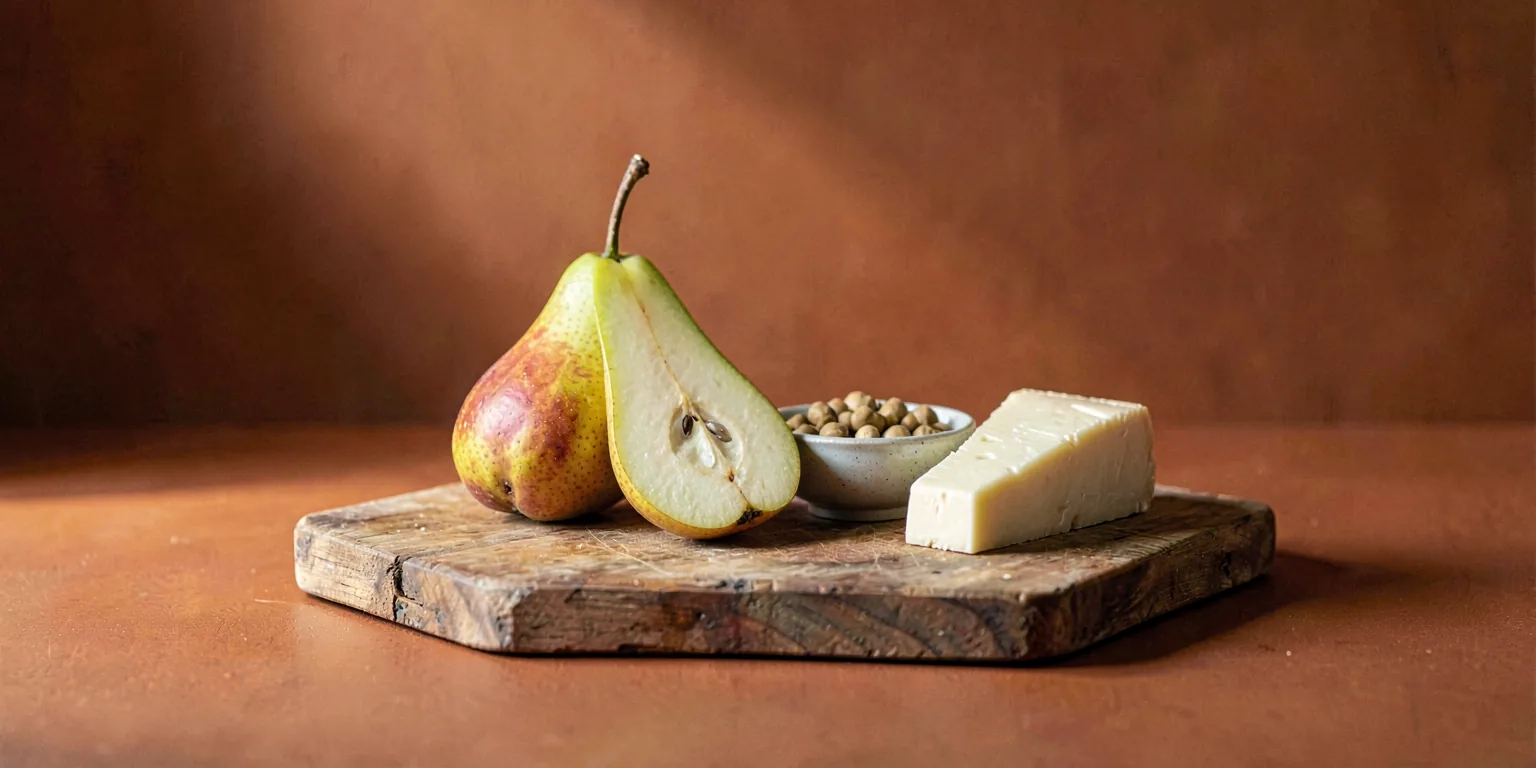 A wooden board with a sliced pear, a small bowl of chickpeas, and a wedge of hard cheese on a rust-colored surface, no text or people in frame.