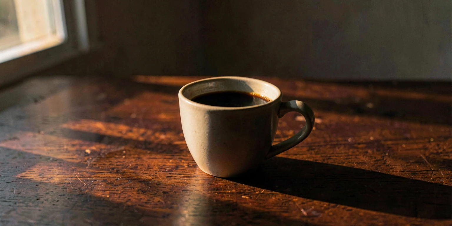 A half-finished cup of black coffee in late-afternoon light.