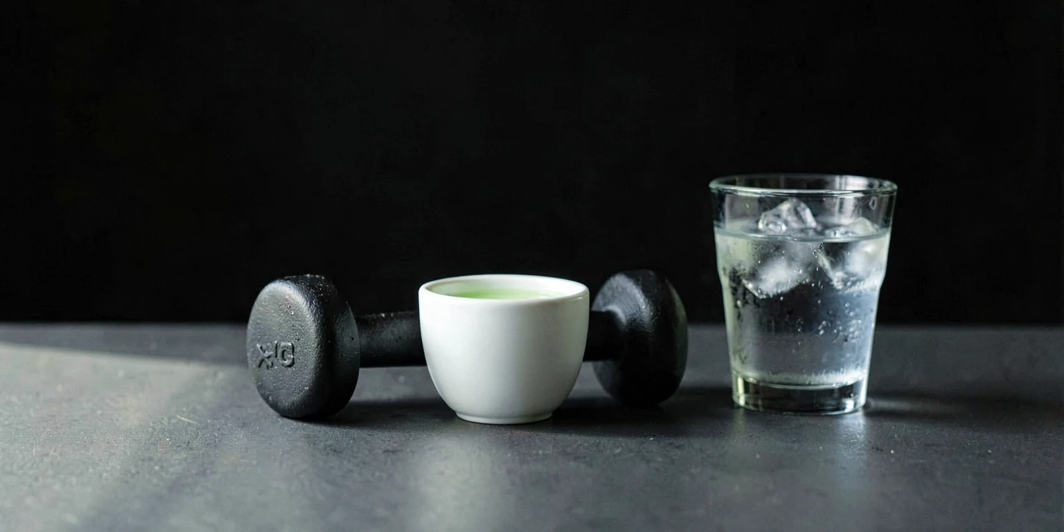A cup of green tea, a small iron dumbbell and a glass of iced water on a charcoal surface.