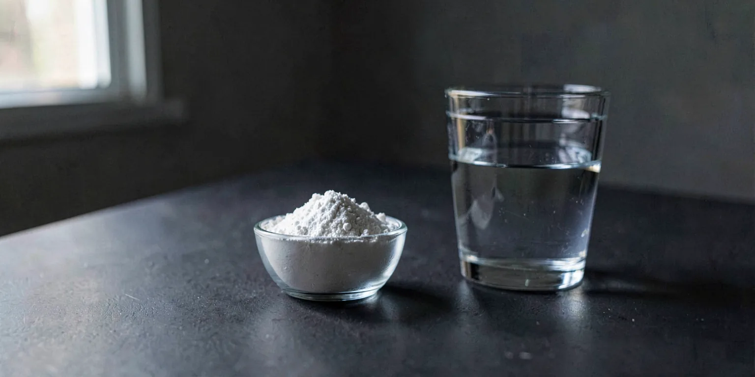 A plain glass scoop of white creatine powder beside a glass of water on a dark charcoal surface, cool side light.