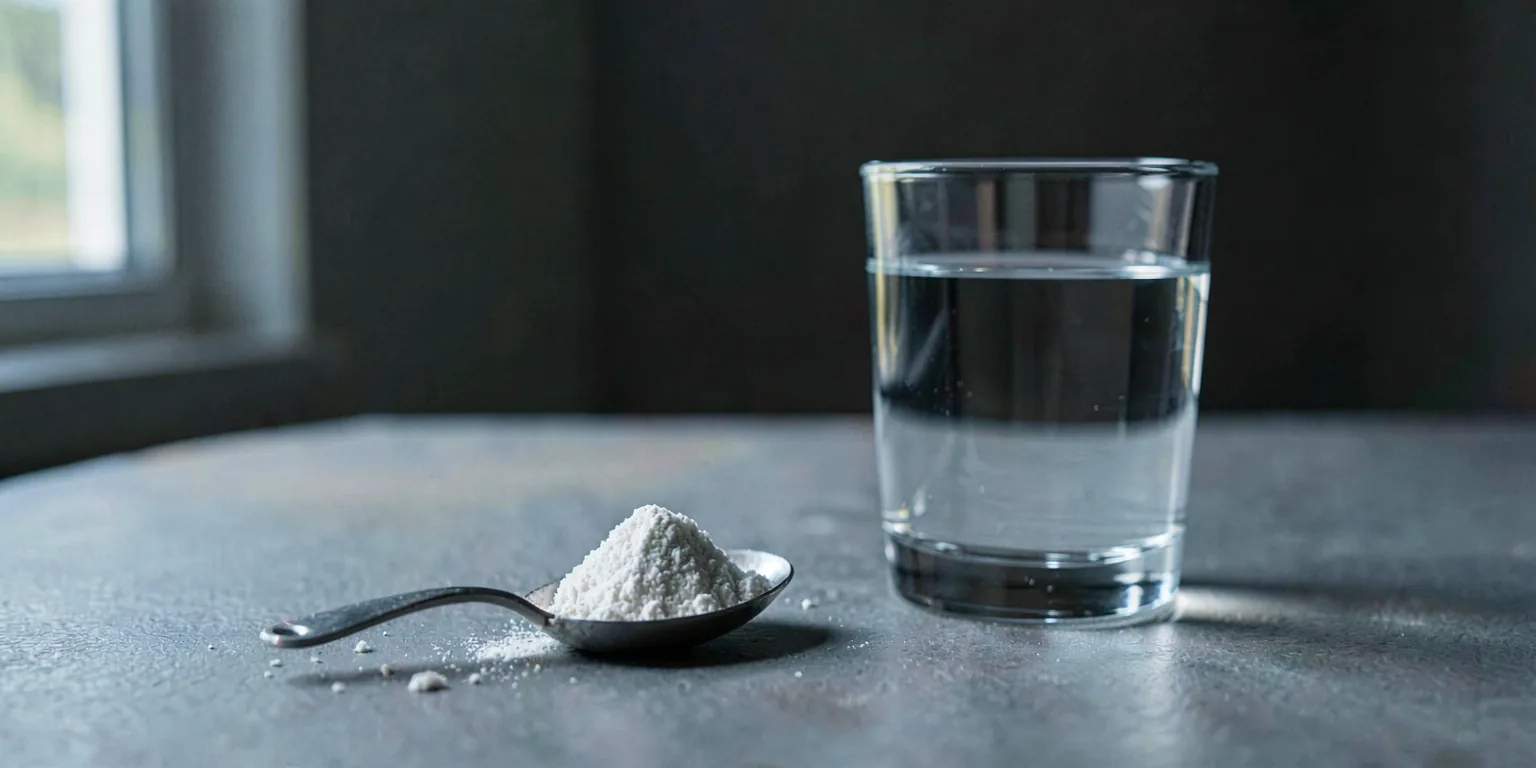 A level teaspoon of fine white powder beside a plain glass of water