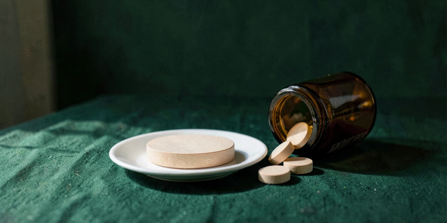 A single plain tablet on a white saucer beside a tipped amber glass bottle on forest-green linen.