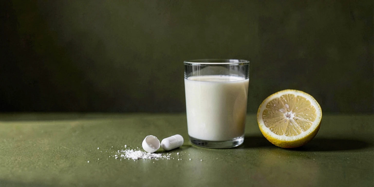 Three white capsules, one split open, beside a glass of kefir and a halved lemon on a deep olive surface.
