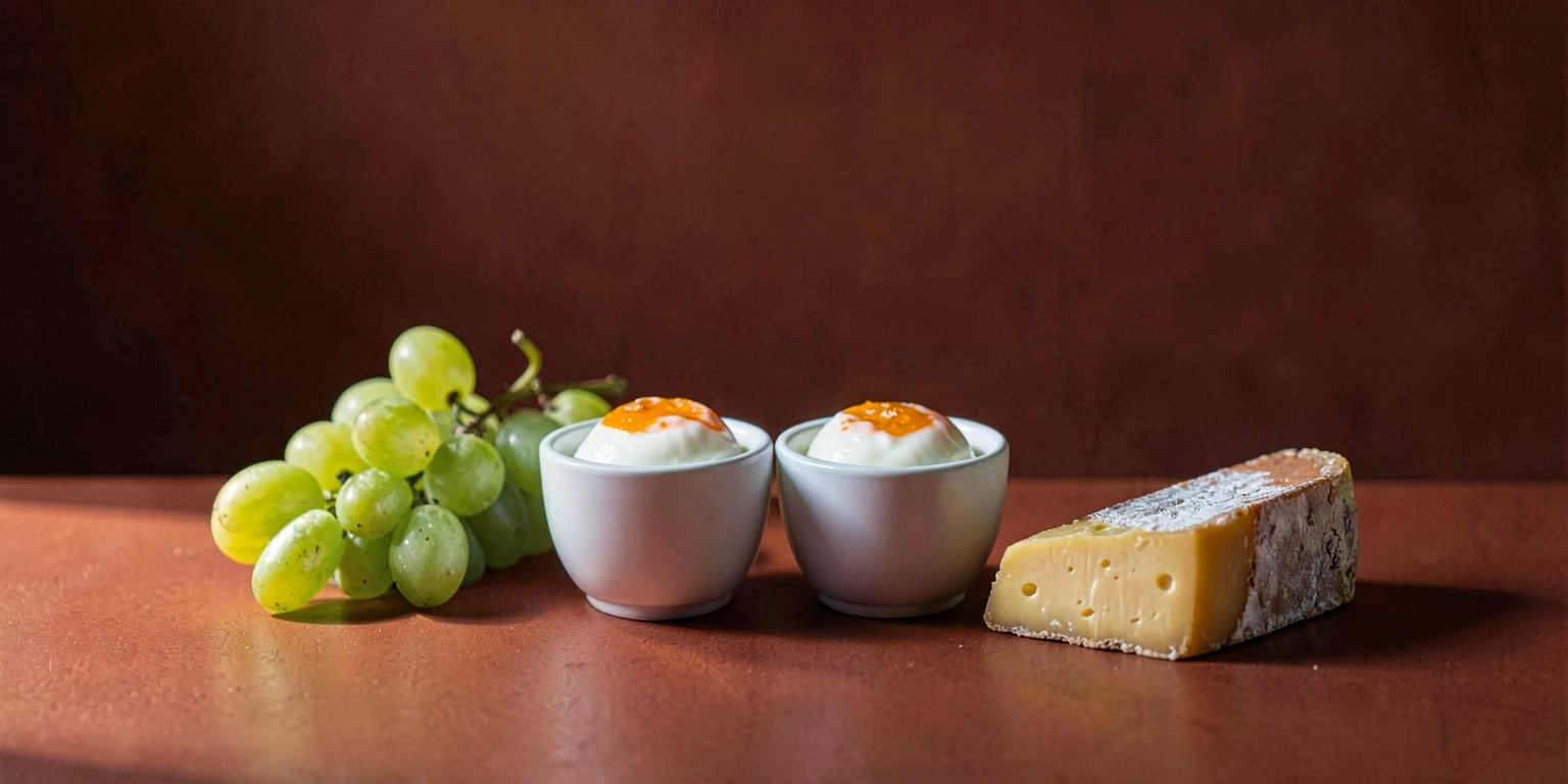 Two soft-boiled eggs in plain white egg cups beside a bunch of green grapes and a wedge of aged cheese on a rust-red surface.