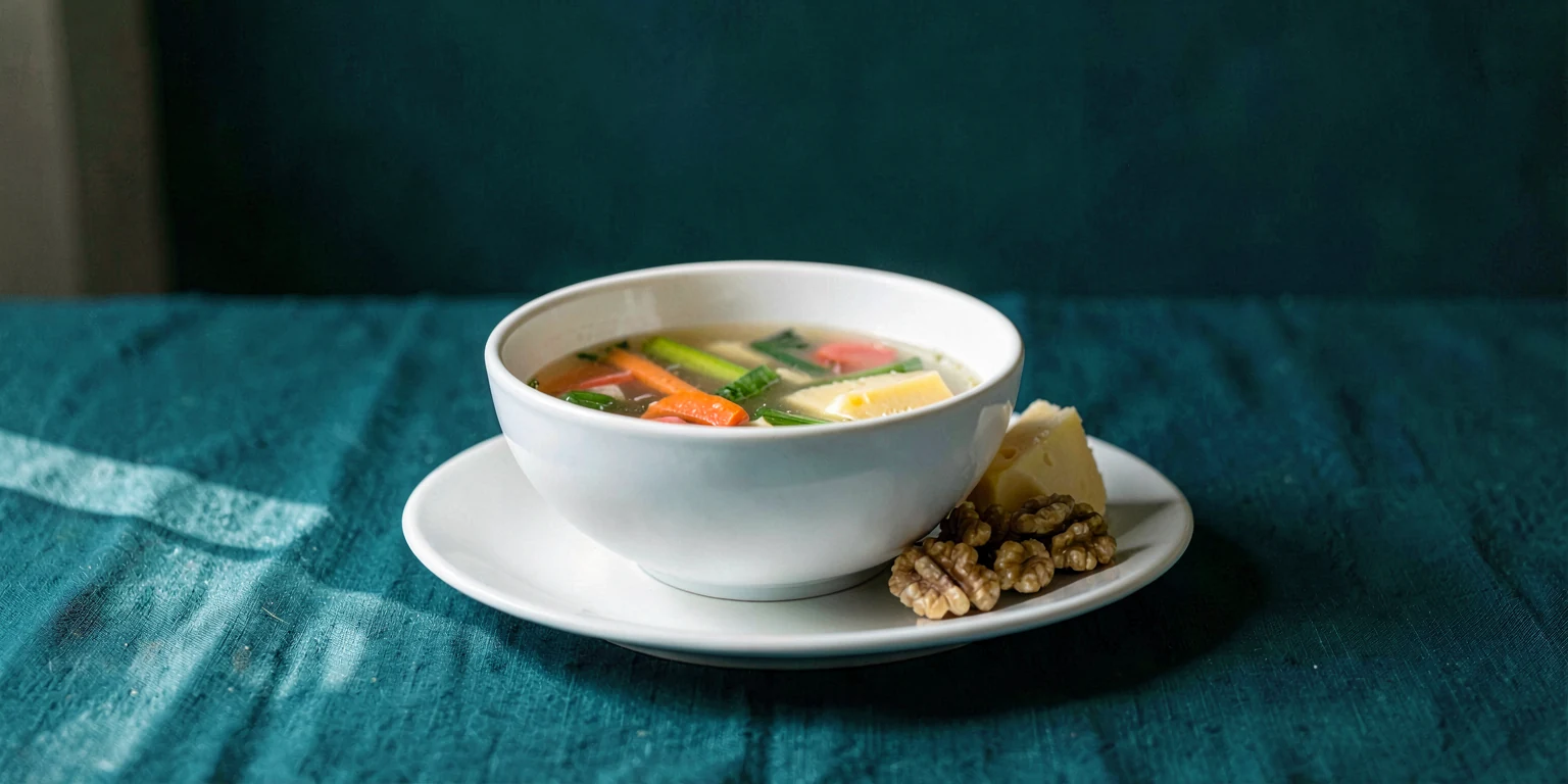 A bowl of broth-based vegetable soup and a wedge of cheese on a teal surface, the same weight of food at two very different calorie counts.