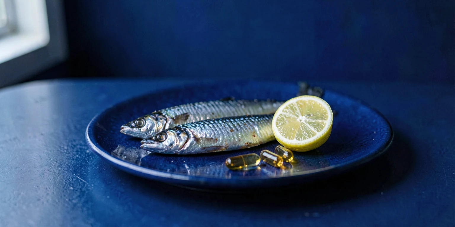 Two whole sardines and a lemon wedge beside three amber capsules on deep indigo ceramic.