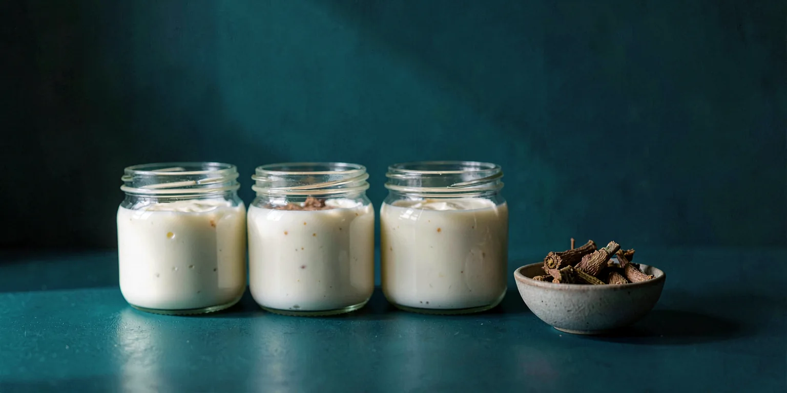 A row of plain glass jars of live-culture yogurt and a small bowl of chicory root on a dark teal surface, no labels or people.