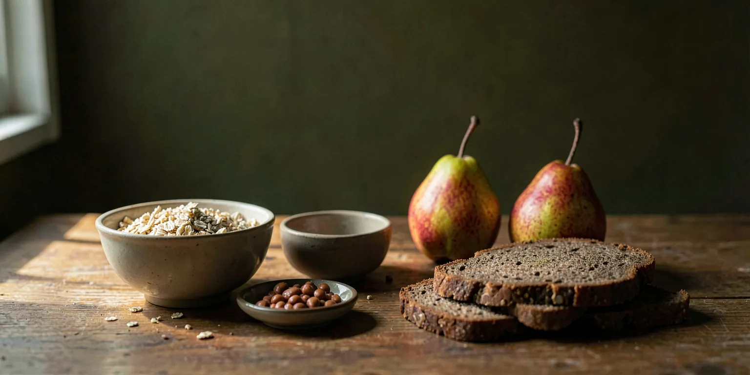 A bowl of oats, a dish of cooked lentils, two pears and slices of whole grain bread on a wooden table