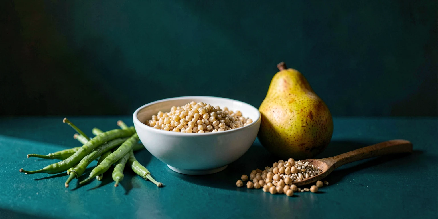 A white bowl of cooked barley beside green beans, a halved pear, dried chickpeas and a spoon of wheat bran on a teal surface.