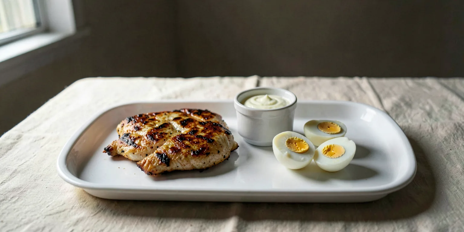 A grilled chicken breast, a pot of plain yogurt and two halved boiled eggs on one white tray