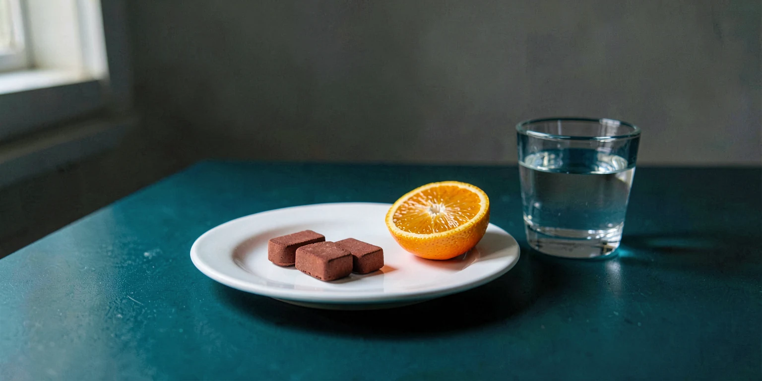 A plain white saucer of unmarked rust-red tablets beside a halved orange on deep teal.