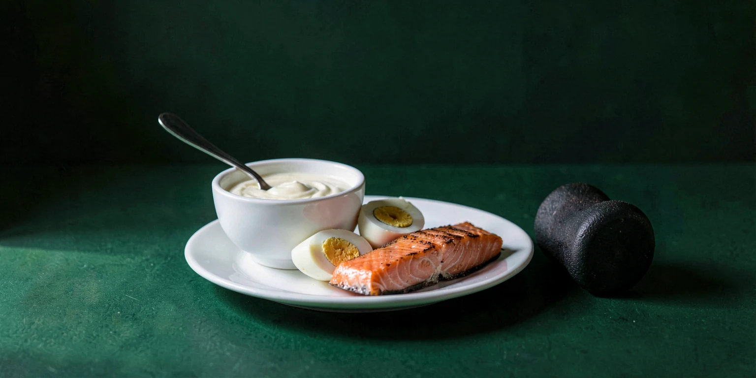 A bowl of yogurt, halved soft-boiled eggs and a piece of grilled salmon on a white plate beside a small iron dumbbell, on forest green.