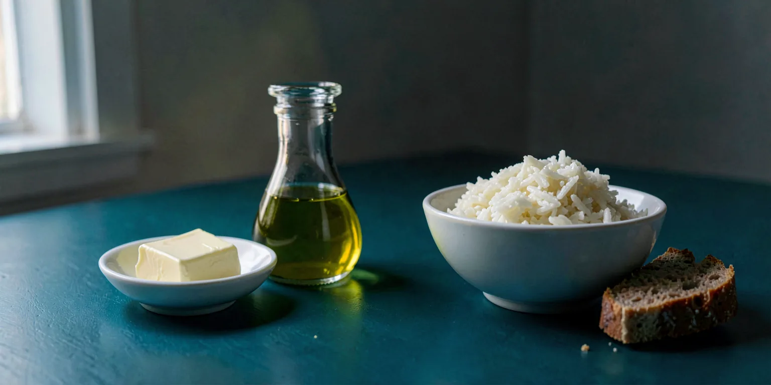 A wooden kitchen scale balanced between a small dish of olive oil and butter on one side and a bowl of brown rice on the other, on a rust-orange surface.