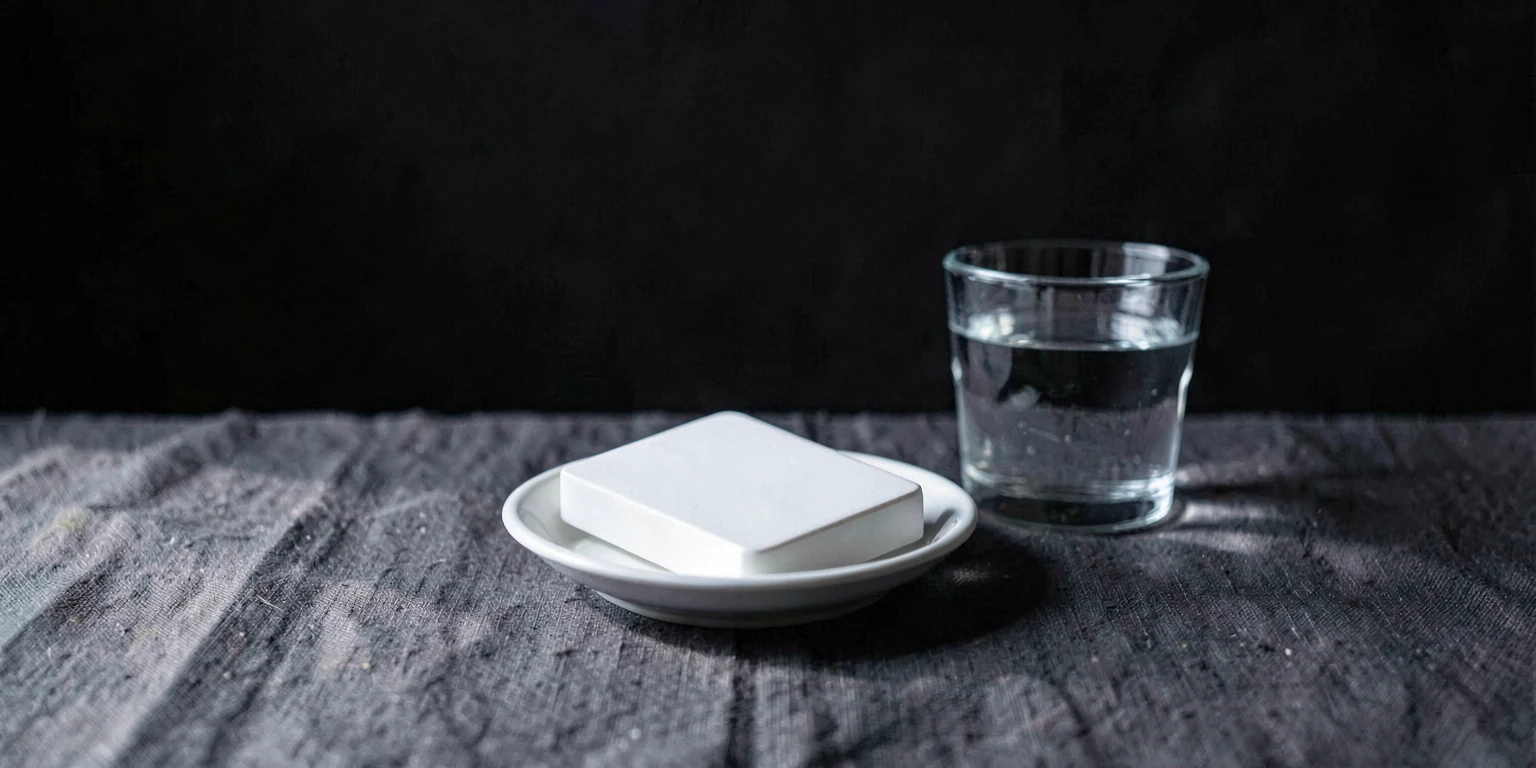 Two plain white tablets on a small white dish beside a glass of water on a charcoal surface.