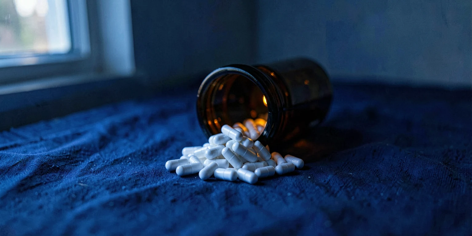 Plain white capsules spilled from a tipped amber glass bottle onto deep indigo linen.