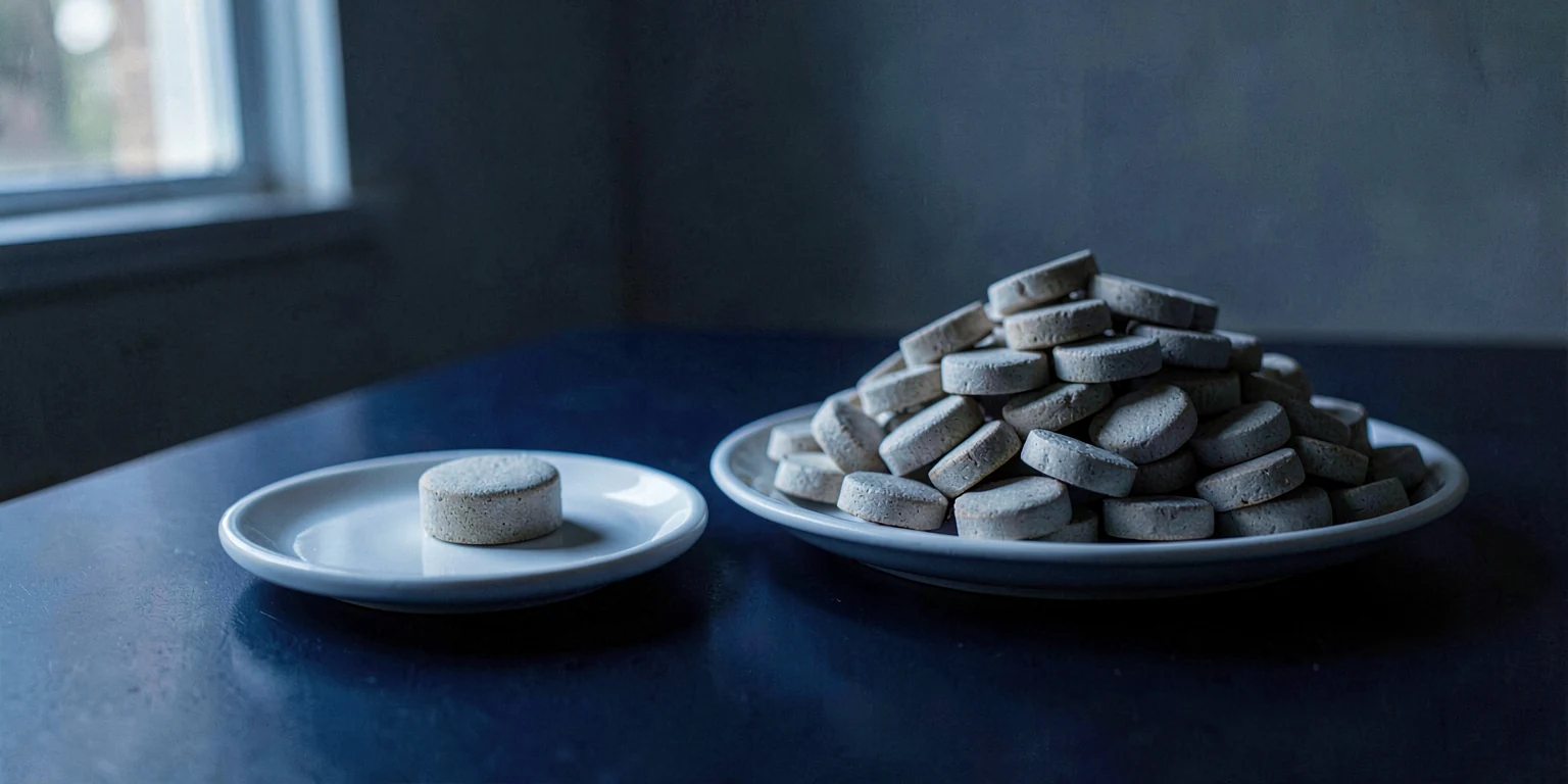 A single small tablet on a white saucer beside a bowl heaped with larger ones, on indigo.