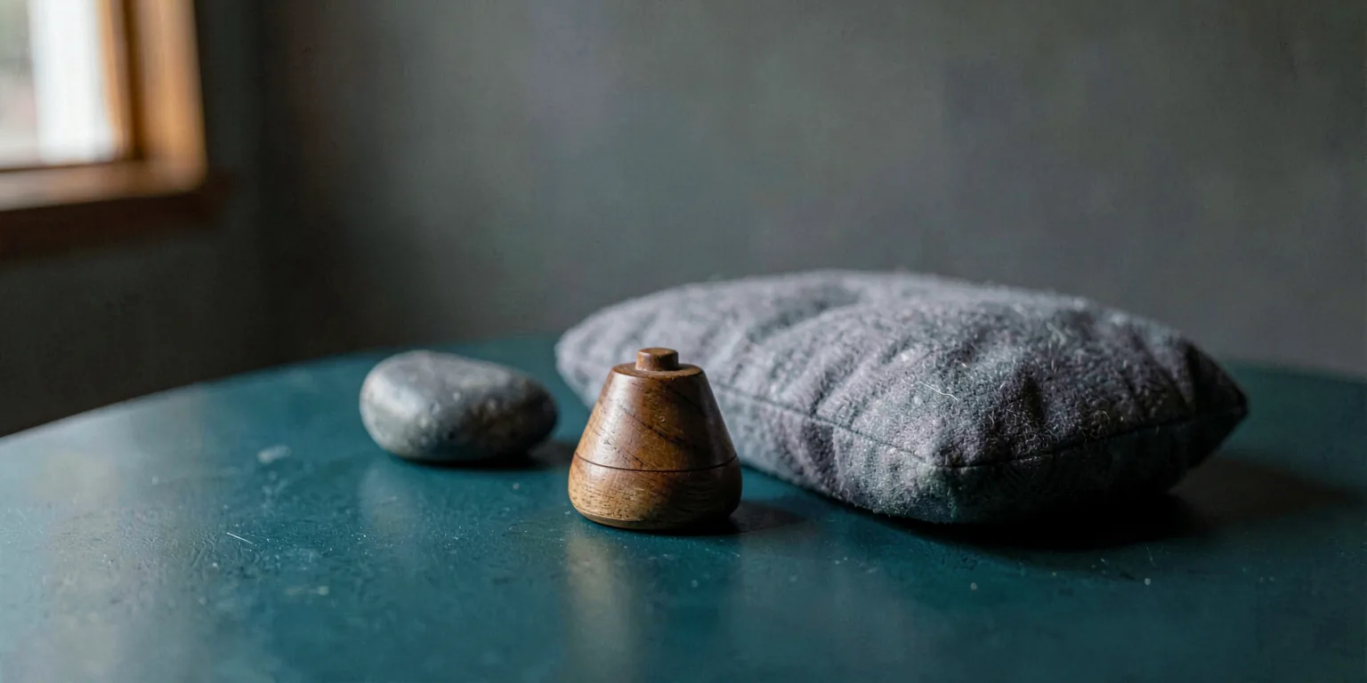A small wooden meditation bell, a folded grey cushion, and a smooth grey stone on a deep teal surface, soft natural light from the left.