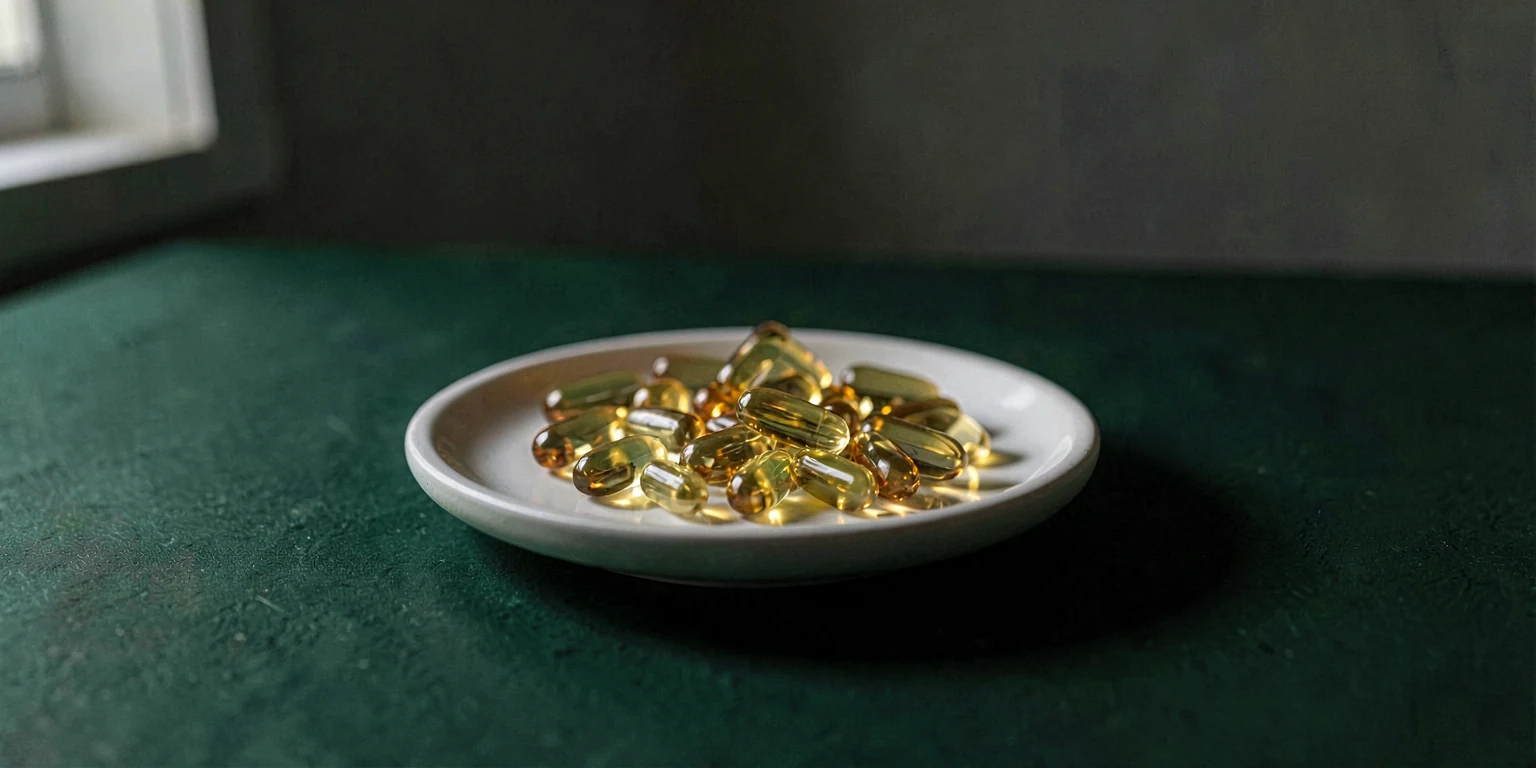 Translucent golden fish-oil softgels on a plain white dish against a deep forest-green surface.