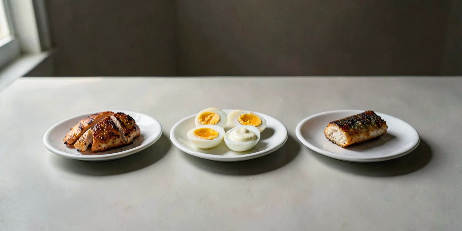 Three small white plates in a row, each holding a modest portion of chicken, eggs with yogurt, or fish