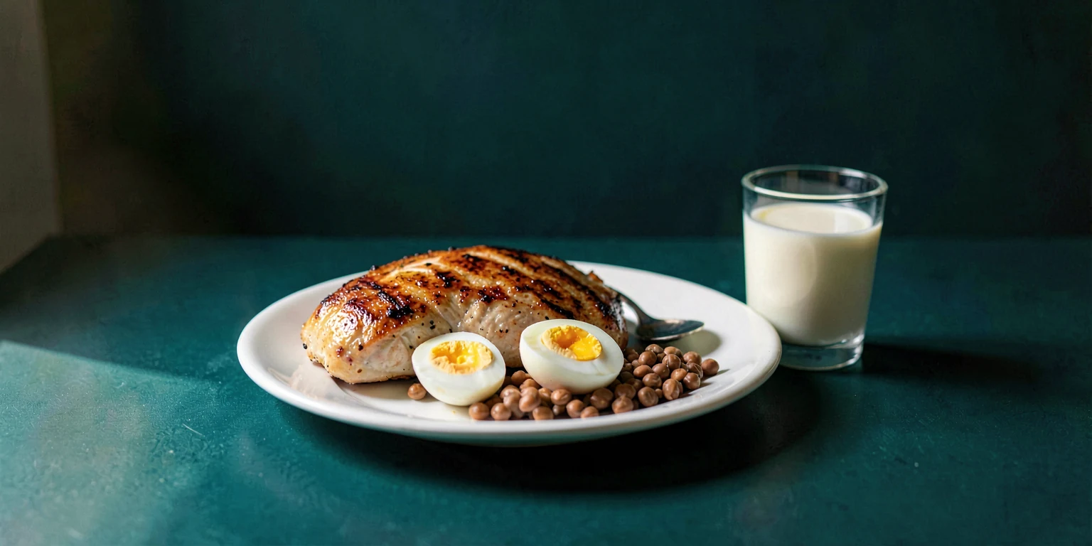 A grilled chicken breast, halved soft-boiled eggs and a spoonful of lentils on a white plate beside a glass of milk.