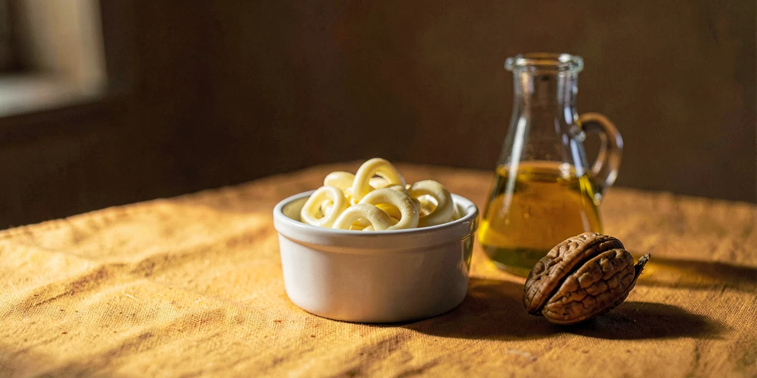 Butter curls in a white ramekin beside a cruet of sunflower oil on ochre linen.