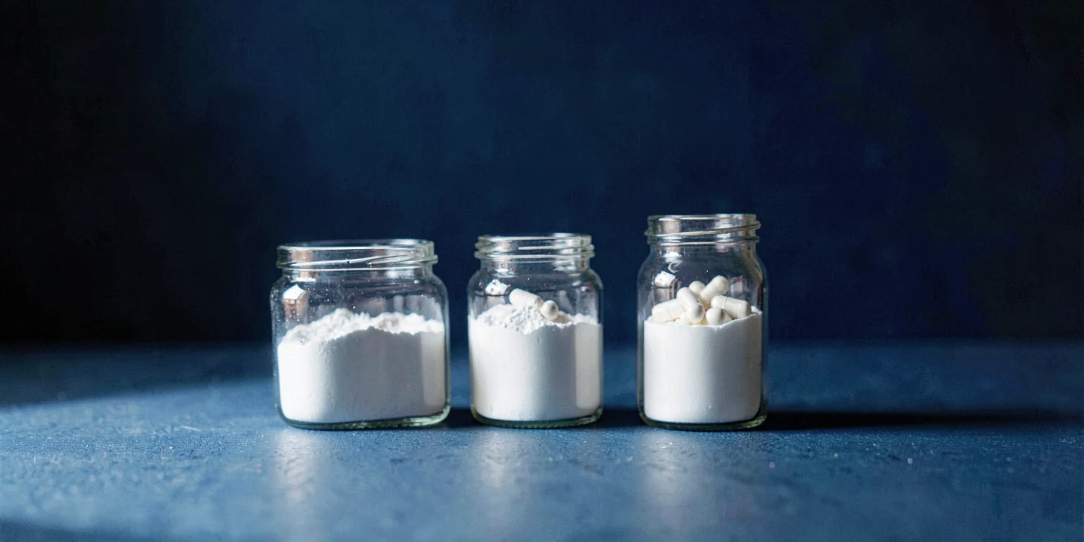 Three plain glass jars of white powder and capsules in a row on a slate-blue surface against a midnight-blue backdrop.