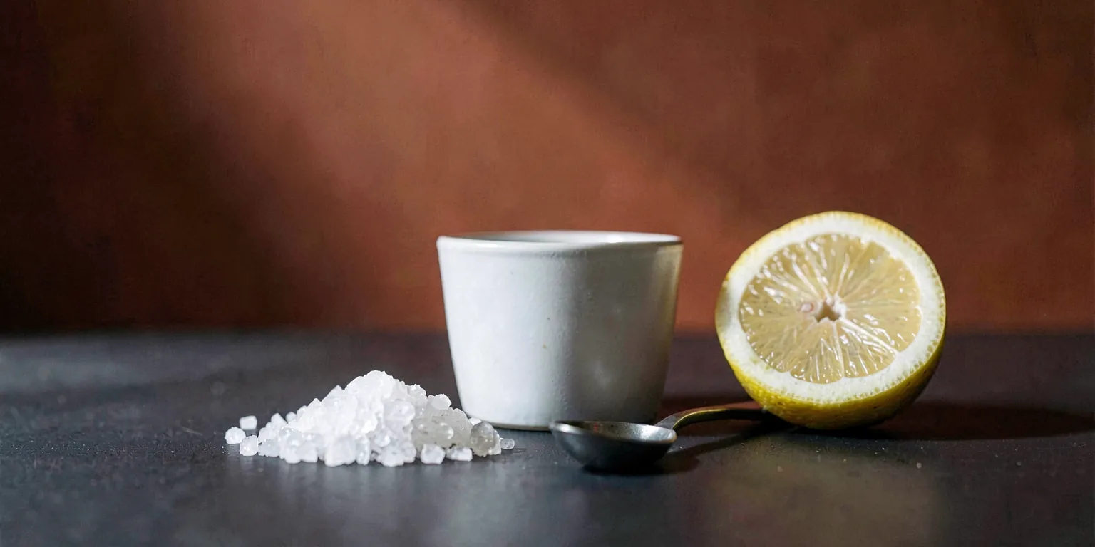 A small pile of coarse salt crystals and a level teaspoon beside a halved lemon on a dark rust-colored surface.