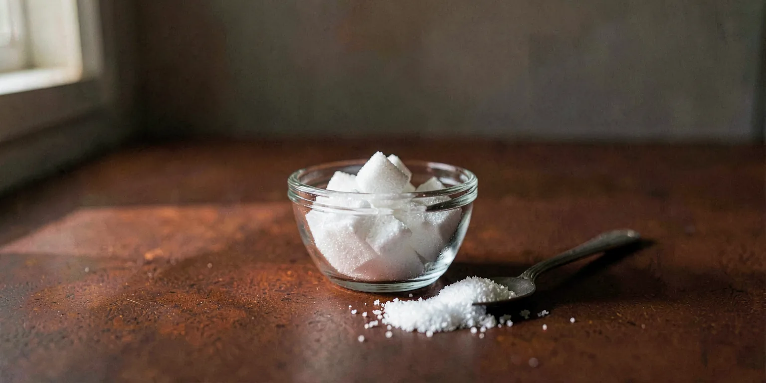 A small glass bowl of white sugar cubes beside a spilled spoonful on a dark rust-colored surface.