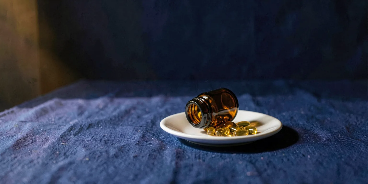 A small amber glass bottle of vitamin D softgel capsules beside a plain white saucer holding a few spilled capsules, on a deep indigo surface.
