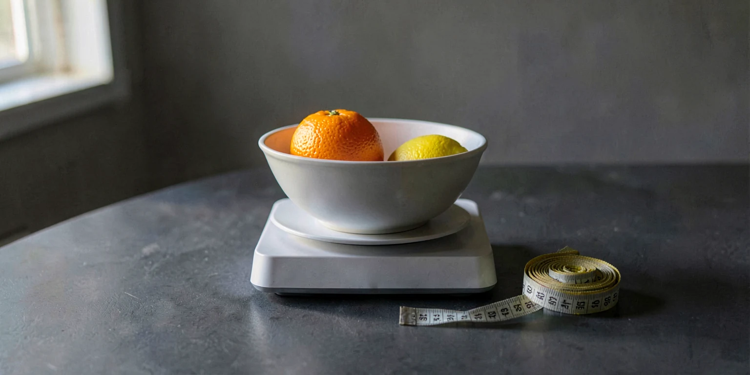 A kitchen scale holding a white bowl with an orange and a lemon, beside a coiled tape measure, on a charcoal surface.